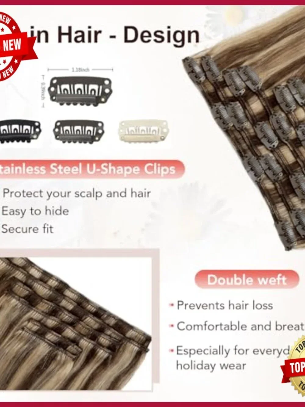 20 Inch Human Hair Clip-In Extensions, 6 Pieces, 120g, Straight